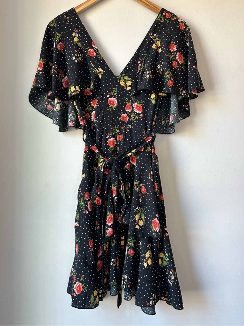 VTG Black Floral Tiered Ruffle Dress Size M